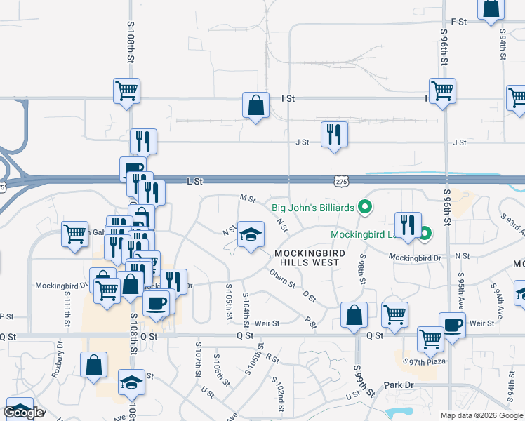 map of restaurants, bars, coffee shops, grocery stores, and more near 10341 N Street in Omaha
