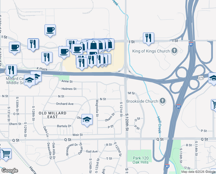 map of restaurants, bars, coffee shops, grocery stores, and more near 4807 South 122nd Court in Omaha