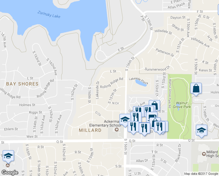 map of restaurants, bars, coffee shops, grocery stores, and more near 15723 Rolling Ridge Road in Omaha