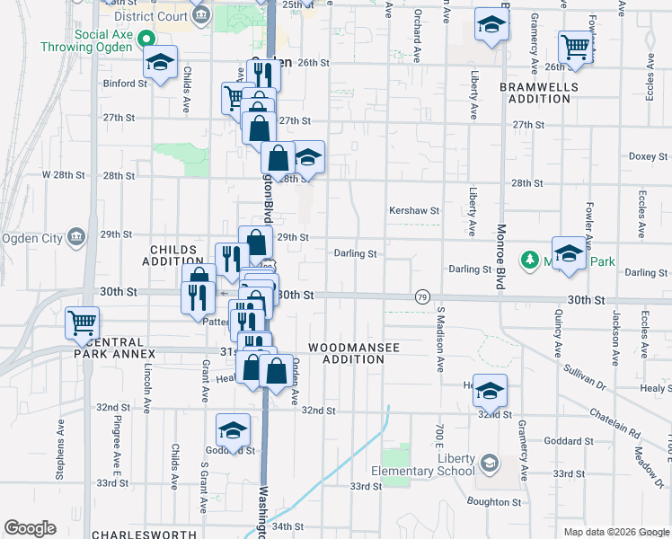 map of restaurants, bars, coffee shops, grocery stores, and more near 2954 Adams Avenue in Ogden
