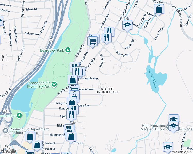 map of restaurants, bars, coffee shops, grocery stores, and more near 177 Virginia Avenue in Bridgeport
