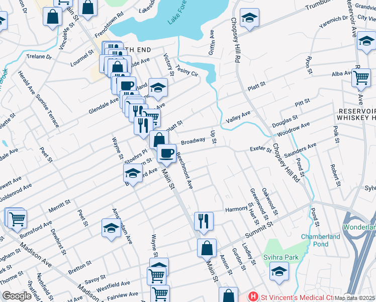 map of restaurants, bars, coffee shops, grocery stores, and more near 401 Exeter Street in Bridgeport