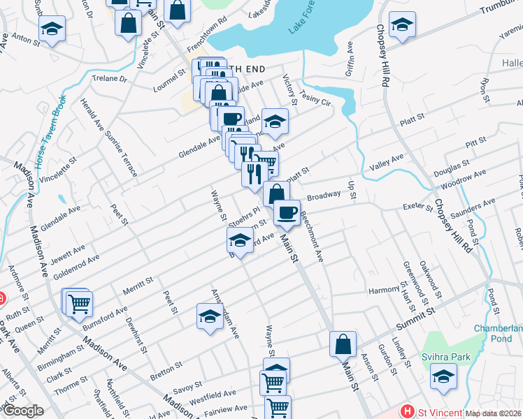 map of restaurants, bars, coffee shops, grocery stores, and more near 33 Stoehrs Place in Bridgeport