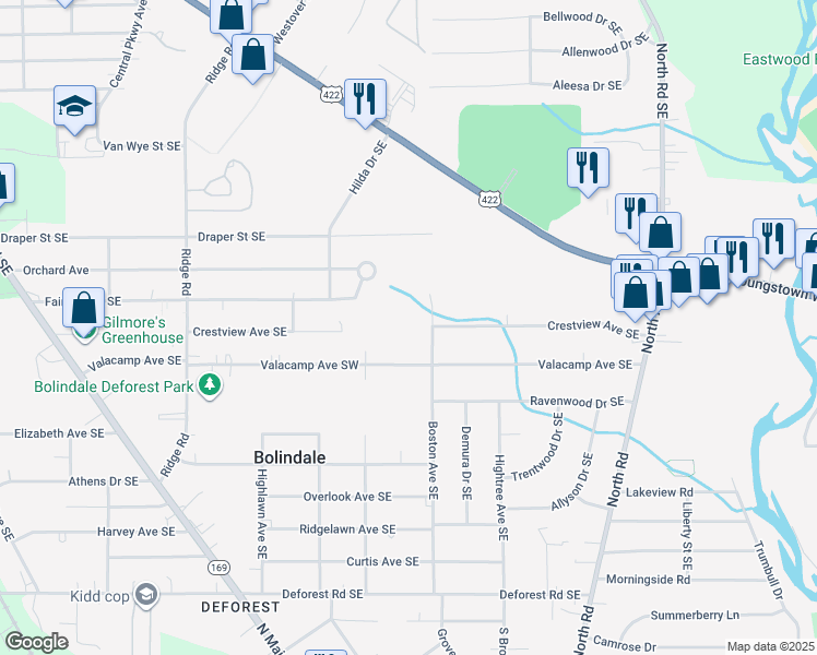 map of restaurants, bars, coffee shops, grocery stores, and more near 3500 Boston Avenue Southeast in Warren