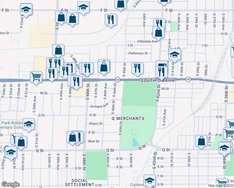 map of restaurants, bars, coffee shops, grocery stores, and more near 4817 South 46th Street in Omaha