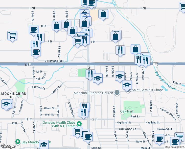 map of restaurants, bars, coffee shops, grocery stores, and more near 4746 South 83rd Street in Omaha