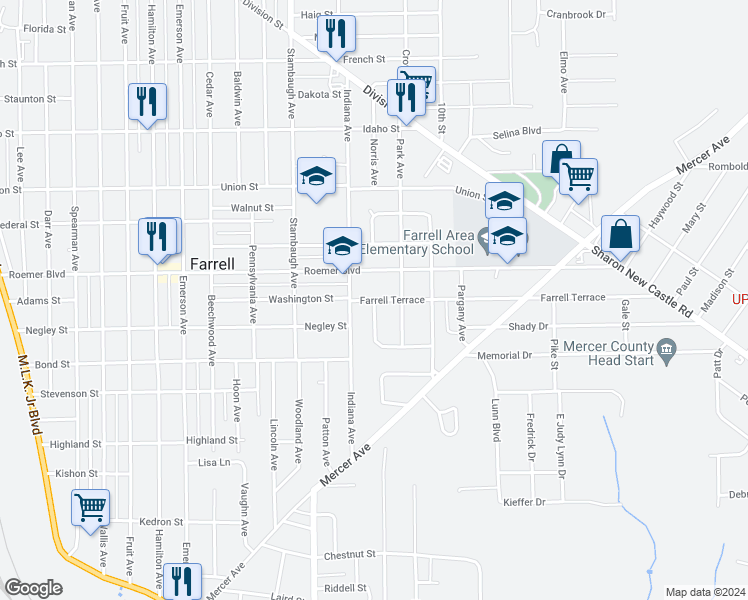 map of restaurants, bars, coffee shops, grocery stores, and more near 1318 Farrell Terrace in Farrell