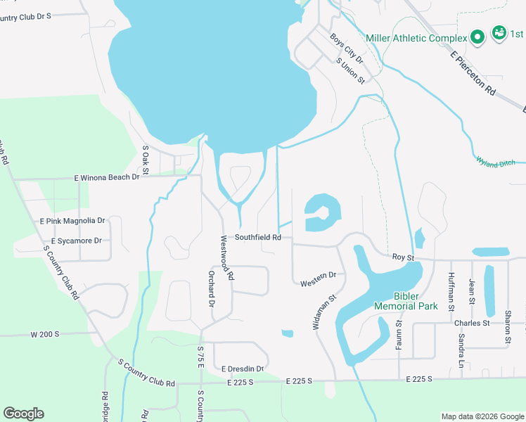 map of restaurants, bars, coffee shops, grocery stores, and more near 2401 Eastwood Road in Winona Lake