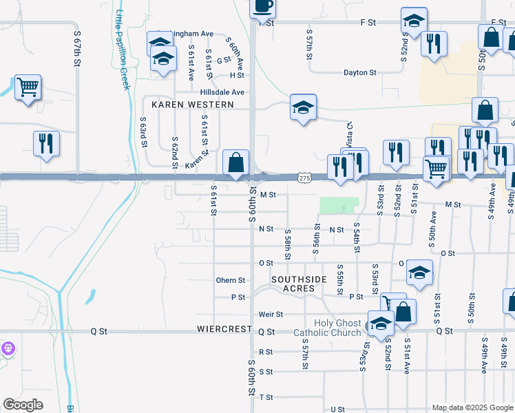 map of restaurants, bars, coffee shops, grocery stores, and more near 4731 South 60th Street in Omaha