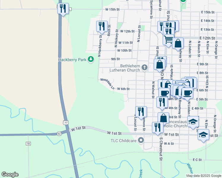 map of restaurants, bars, coffee shops, grocery stores, and more near 929 Westdale Lane in Wahoo