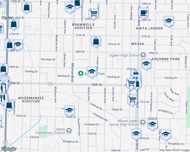 map of restaurants, bars, coffee shops, grocery stores, and more near 2941 Fowler Avenue in Ogden