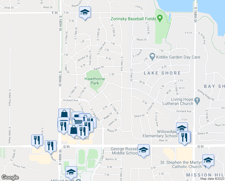 map of restaurants, bars, coffee shops, grocery stores, and more near 17456 Archer Circle in Omaha