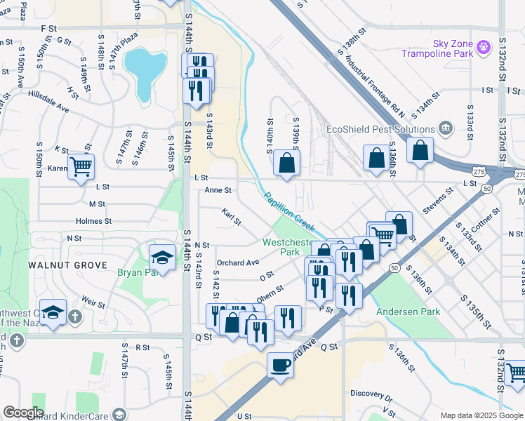 map of restaurants, bars, coffee shops, grocery stores, and more near 4857 Marshall Drive in Omaha