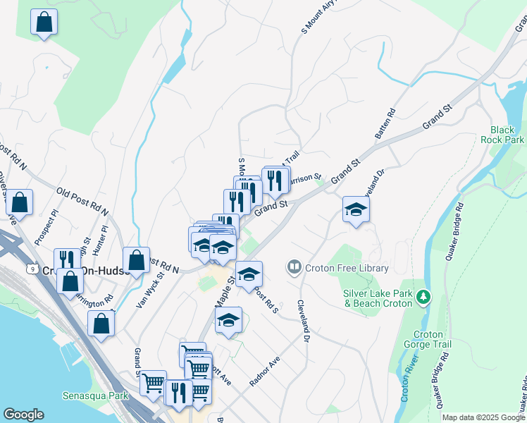 map of restaurants, bars, coffee shops, grocery stores, and more near 188 Grand Street in Croton-on-Hudson