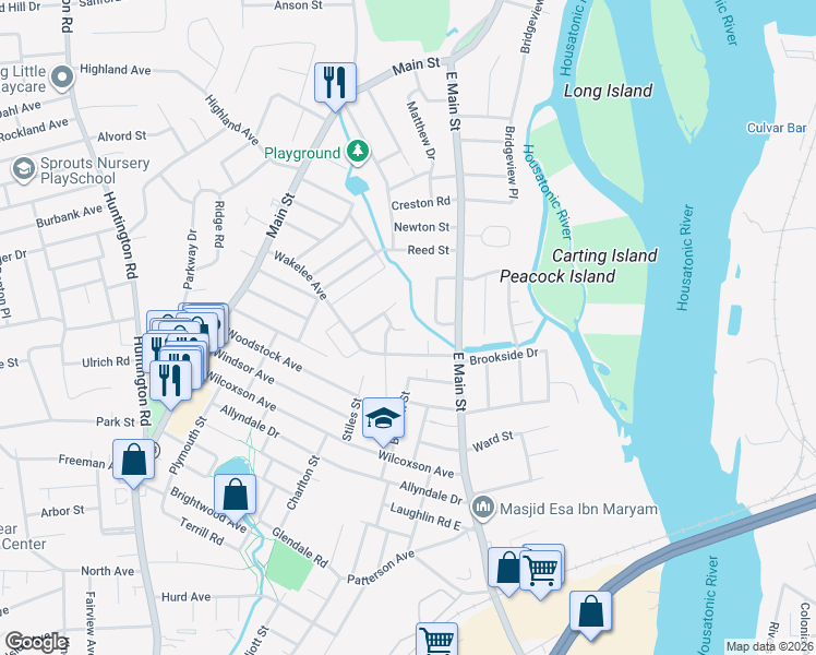 map of restaurants, bars, coffee shops, grocery stores, and more near 85 Greenlawn Avenue in Stratford