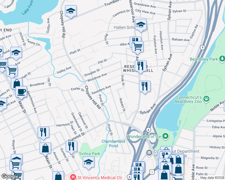 map of restaurants, bars, coffee shops, grocery stores, and more near 516 Indian Avenue in Bridgeport