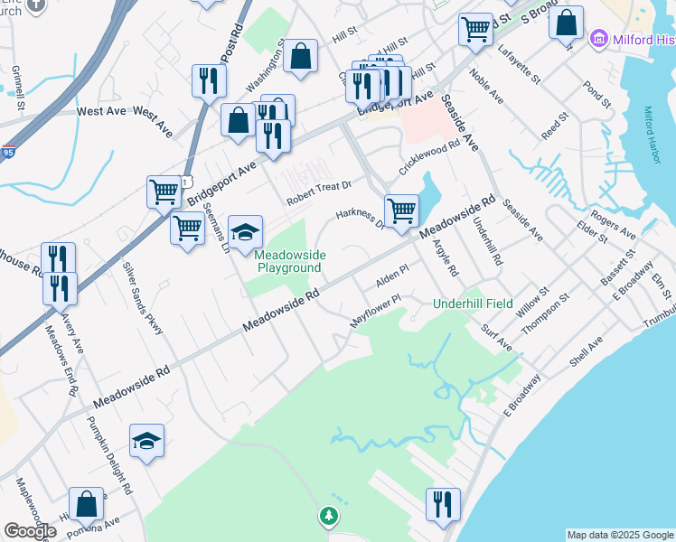 map of restaurants, bars, coffee shops, grocery stores, and more near 185 Meadowside Road in Milford