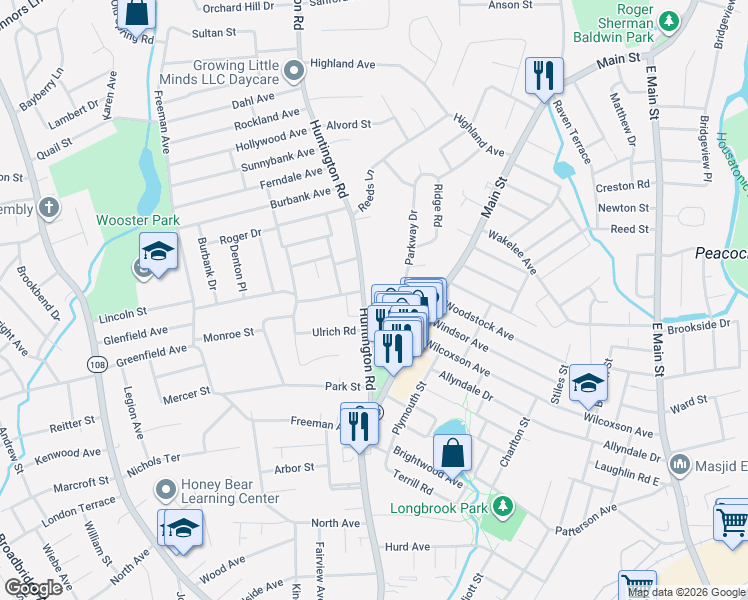 map of restaurants, bars, coffee shops, grocery stores, and more near 59 Parkway Drive in Stratford