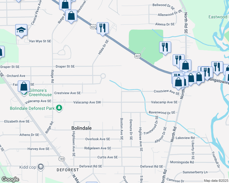 map of restaurants, bars, coffee shops, grocery stores, and more near 3500 Boston Avenue Southeast in Warren