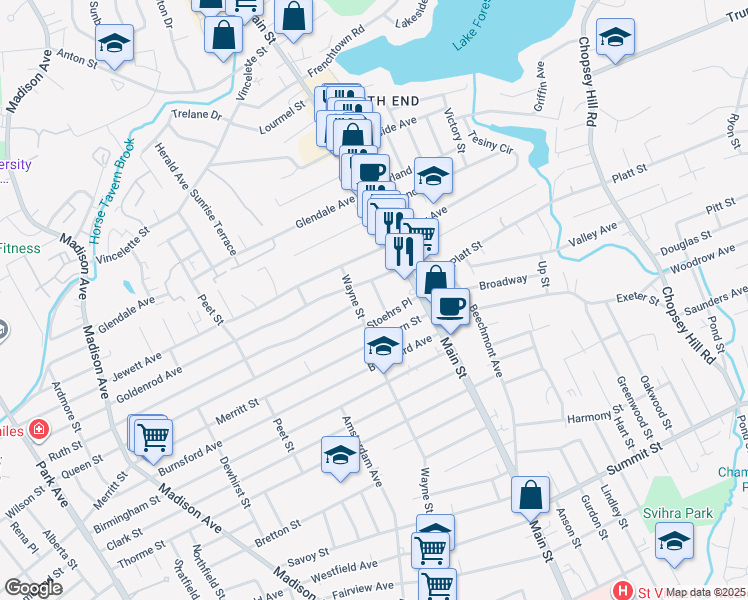 map of restaurants, bars, coffee shops, grocery stores, and more near 287 Bartlett Street in Bridgeport