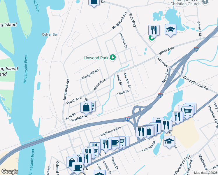 map of restaurants, bars, coffee shops, grocery stores, and more near 33 Gresham St in Milford