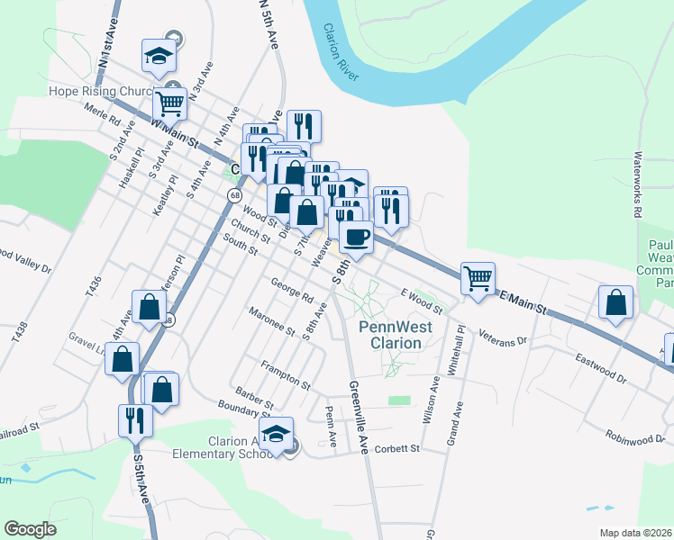 map of restaurants, bars, coffee shops, grocery stores, and more near 50 South 8th Avenue in Clarion