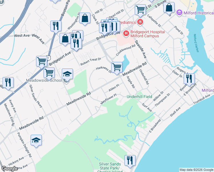 map of restaurants, bars, coffee shops, grocery stores, and more near 156 Meadowside Road in Milford