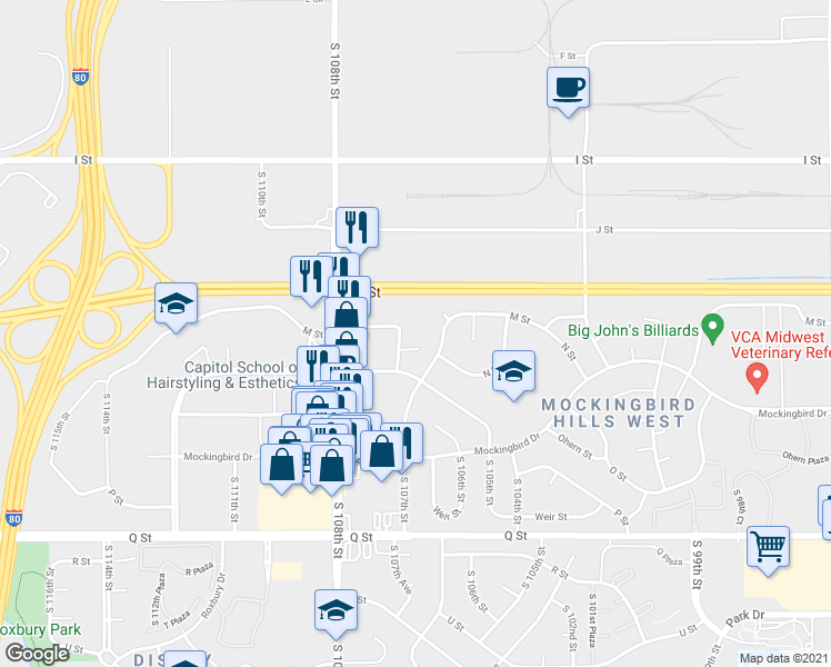 map of restaurants, bars, coffee shops, grocery stores, and more near 4809 South 107th Avenue in Omaha