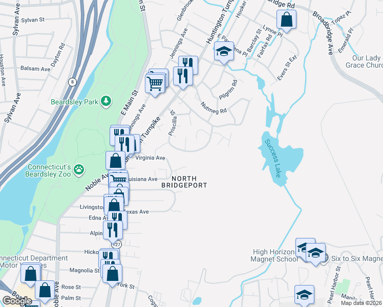 map of restaurants, bars, coffee shops, grocery stores, and more near 278 Priscilla Street in Bridgeport