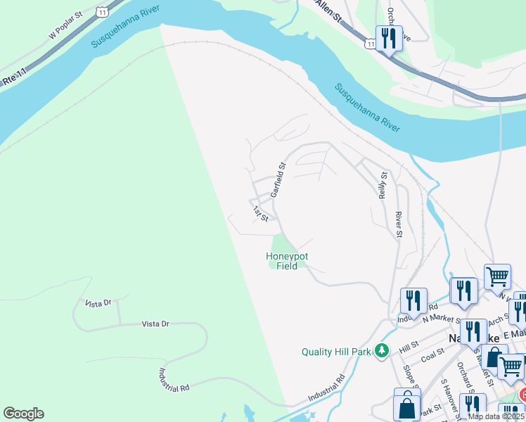 map of restaurants, bars, coffee shops, grocery stores, and more near 1st St in Nanticoke