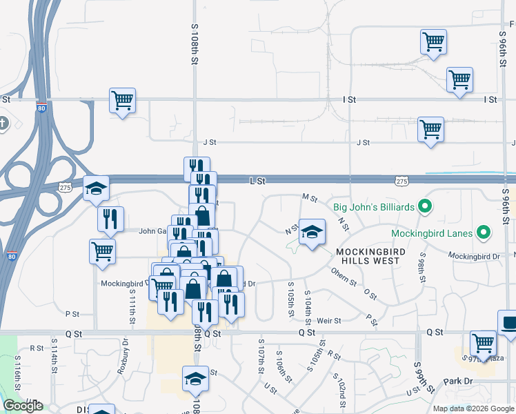map of restaurants, bars, coffee shops, grocery stores, and more near 4809 South 107th Avenue in Omaha