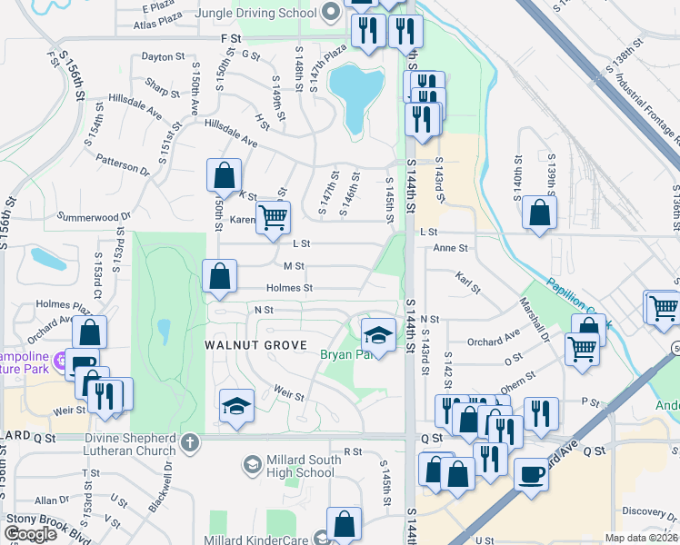 map of restaurants, bars, coffee shops, grocery stores, and more near 14630 Holmes Street in Omaha
