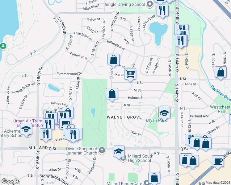map of restaurants, bars, coffee shops, grocery stores, and more near 14942 Holmes Street in Omaha