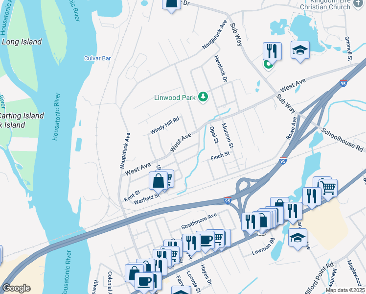 map of restaurants, bars, coffee shops, grocery stores, and more near 22 Norway St in Milford