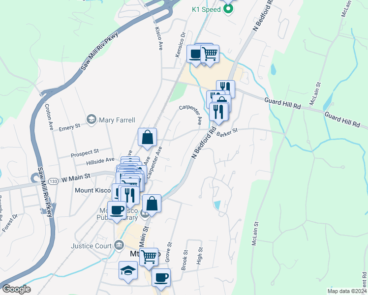 map of restaurants, bars, coffee shops, grocery stores, and more near 50-70 Barker Street in Mount Kisco