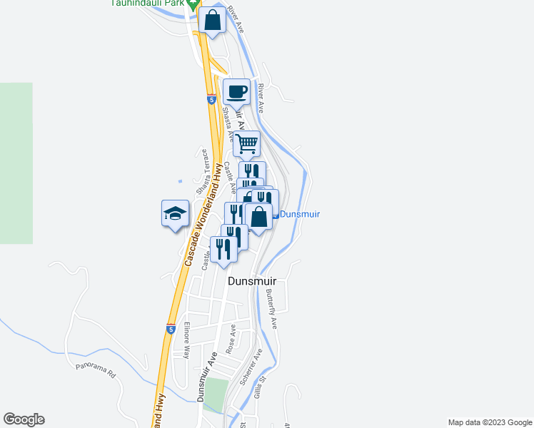 map of restaurants, bars, coffee shops, grocery stores, and more near 5749 Sacramento Avenue in Dunsmuir