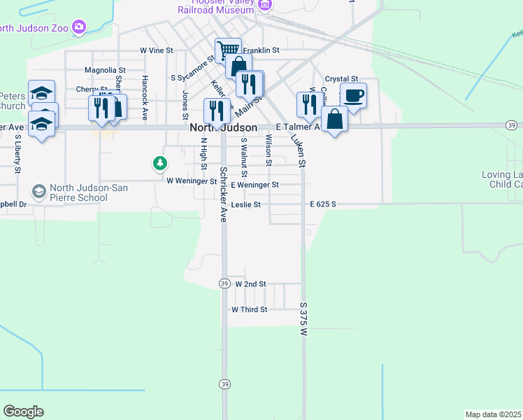 map of restaurants, bars, coffee shops, grocery stores, and more near 207 Leslie Street in North Judson