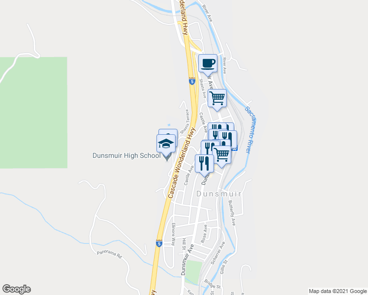 map of restaurants, bars, coffee shops, grocery stores, and more near Cascade Wonderland Hwy in Dunsmuir