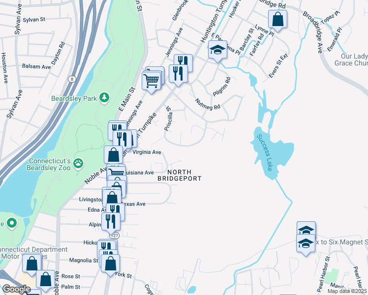 map of restaurants, bars, coffee shops, grocery stores, and more near 278 Priscilla Street in Bridgeport