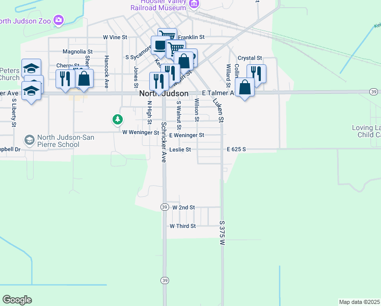 map of restaurants, bars, coffee shops, grocery stores, and more near 207 Leslie Street in North Judson