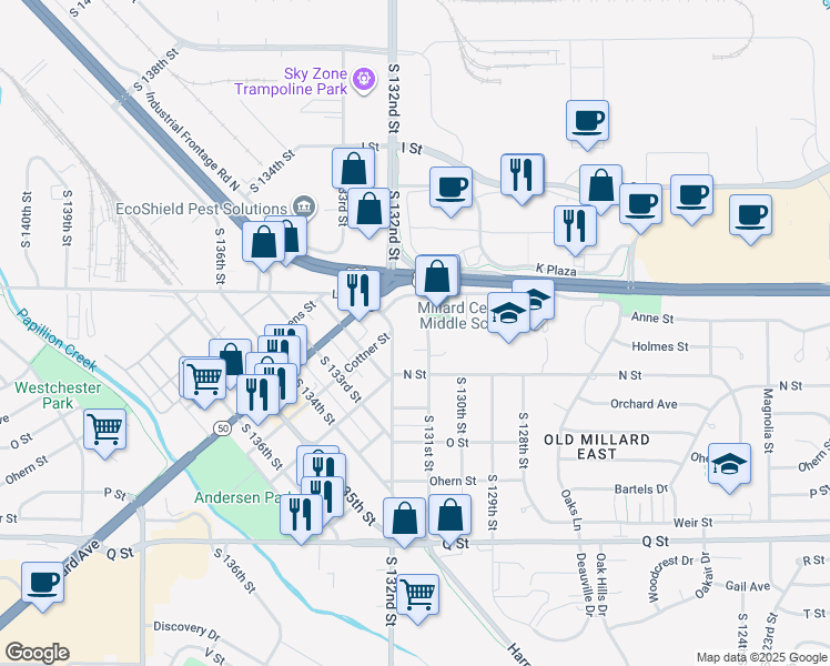 map of restaurants, bars, coffee shops, grocery stores, and more near 4780 South 131st Street in Omaha