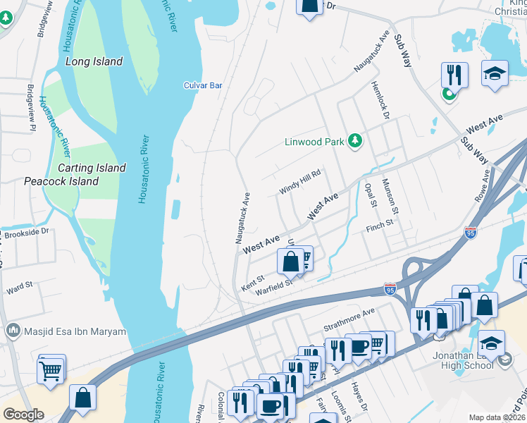 map of restaurants, bars, coffee shops, grocery stores, and more near 90 Utica Street in Milford