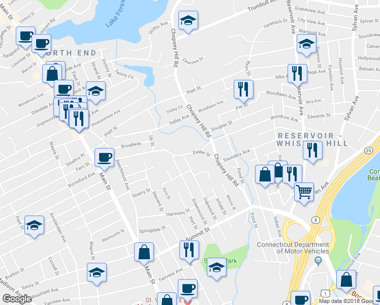 map of restaurants, bars, coffee shops, grocery stores, and more near 126 Exeter Street in Bridgeport