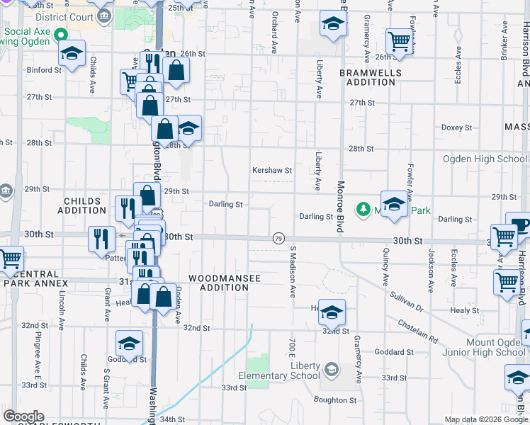 map of restaurants, bars, coffee shops, grocery stores, and more near 2952 Jefferson Avenue in Ogden