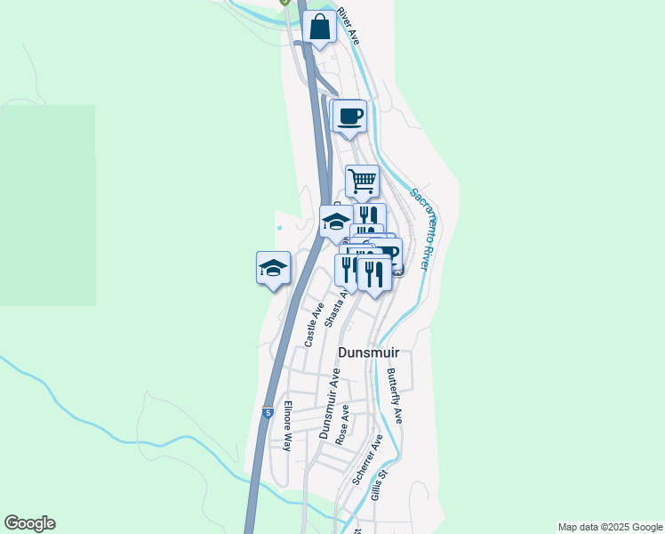 map of restaurants, bars, coffee shops, grocery stores, and more near 4400 Vista Street in Dunsmuir