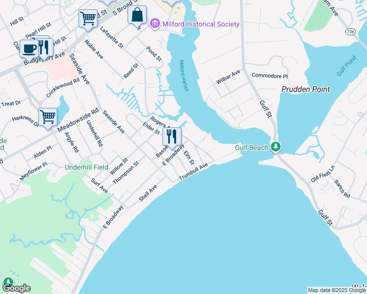 map of restaurants, bars, coffee shops, grocery stores, and more near 12 Elm Street in Milford