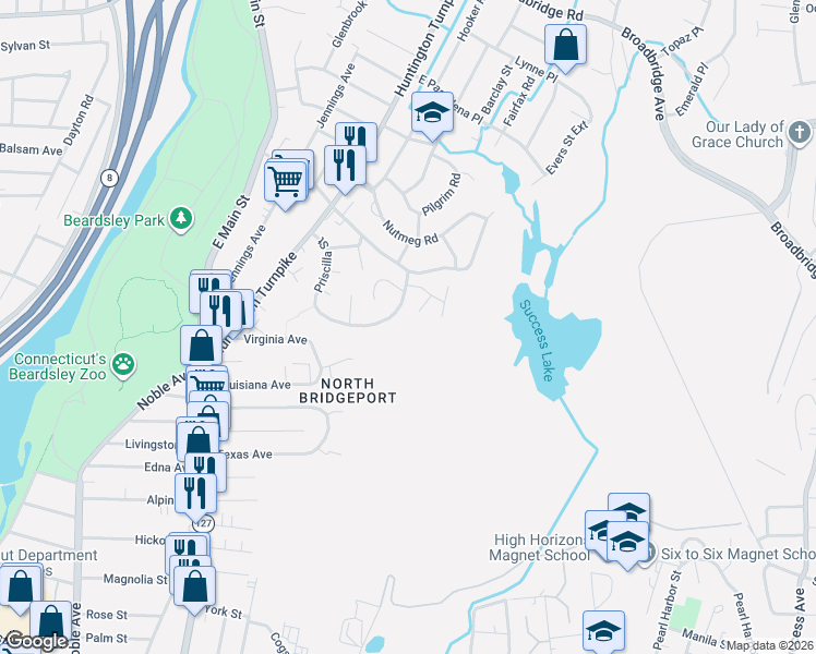 map of restaurants, bars, coffee shops, grocery stores, and more near 362 Priscilla Street in Bridgeport