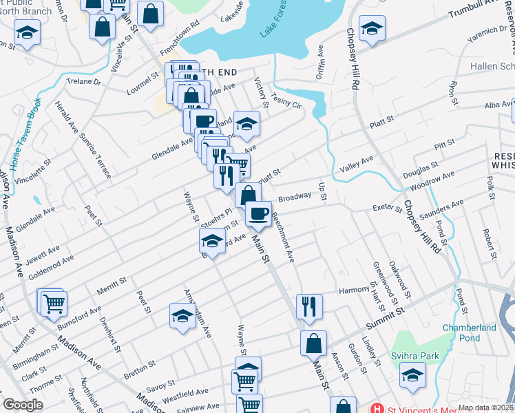 map of restaurants, bars, coffee shops, grocery stores, and more near 49 Ridgewood Place in Bridgeport