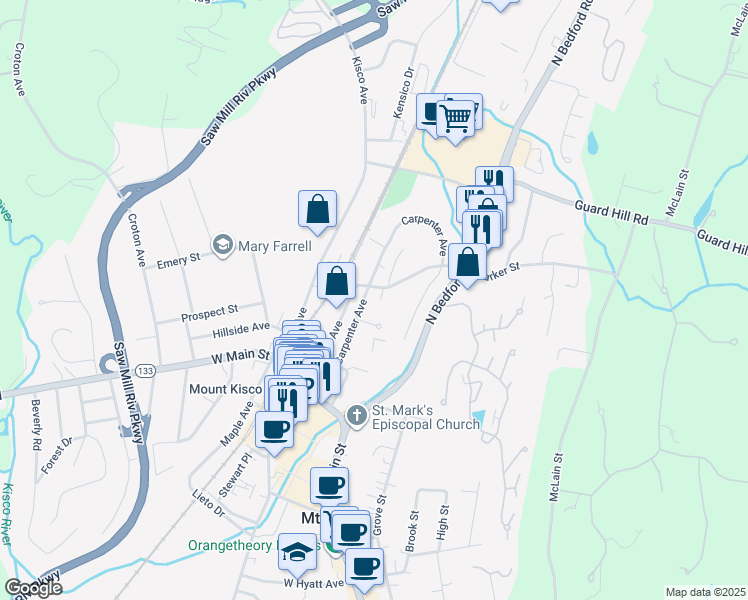 map of restaurants, bars, coffee shops, grocery stores, and more near 101 Carpenter Avenue in Mount Kisco
