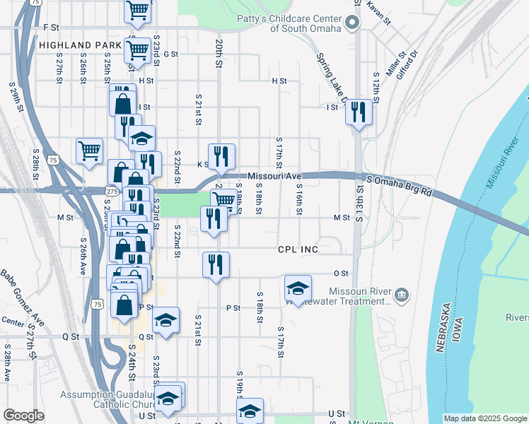 map of restaurants, bars, coffee shops, grocery stores, and more near 4751 South 18th Street in Omaha